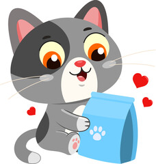 Hungry Cat Cartoon Character Holding Pet Food Bag &ndash; Vector Illustration Flat Design Isolated On Transparent Background