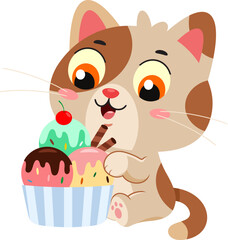 Happy Cat Cartoon Character Eating Ice Cream Sundae &ndash; Vector Illustration Flat Design Isolated On Transparent Background