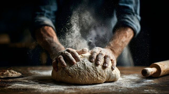  Baker hands kneading flour dough