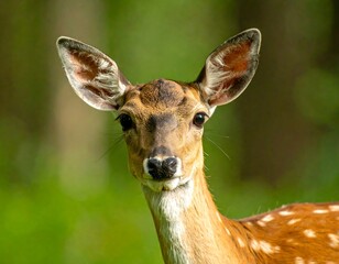 Obraz premium A close-up photograph of a deer with large ears and white spots