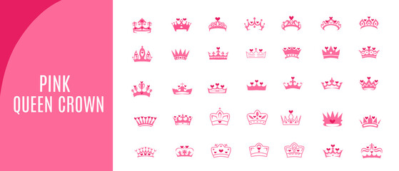 collection of several pink queen crown vectors on white background