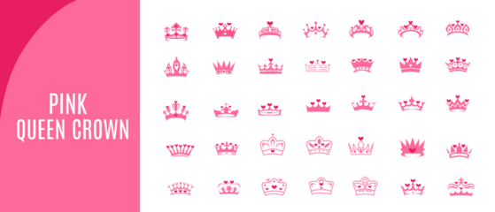 collection of several pink queen crown vectors on white background