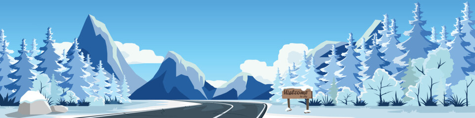 Winter vector landscape with a winding road through a snowy pine forest and blue mountains. Cold season nature background illustration suitable for Christmas holiday and travel design fro banner.