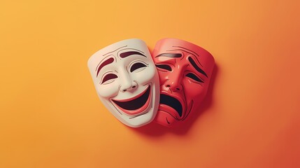 Bright masks showing joy and sadness placed on an orange background with strong lighting creating clear shapes and shadows Generative AI