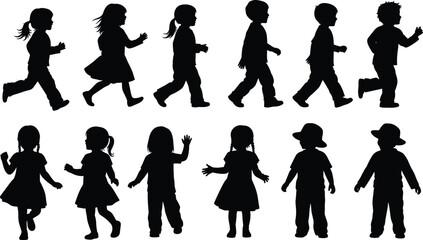 Children silhouette set featuring boys and girls walking, running and playing in different poses, black vector illustration isolated on white background for education design use