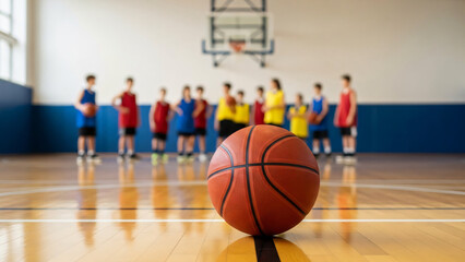 Naklejka premium Close-up of a basketball on a polished wooden court floor with a youth team practicing in the background during training