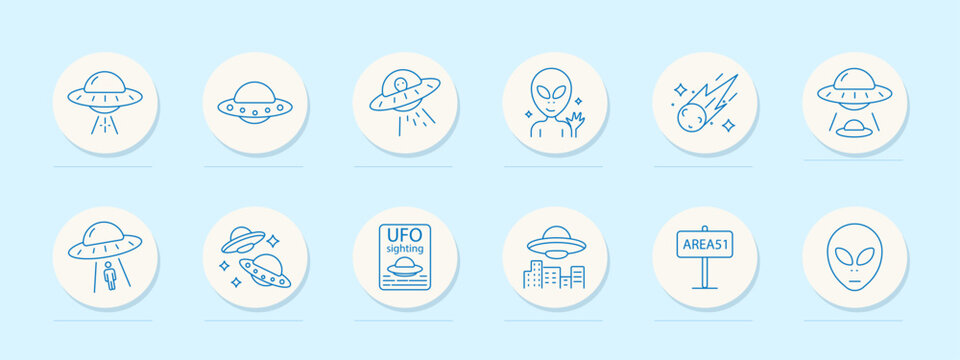 UFO set icon. Circular outline icons of flying saucers, aliens, abductions, city sightings, meteors, signs, and area 51 references in a simple extraterrestrial-themed design