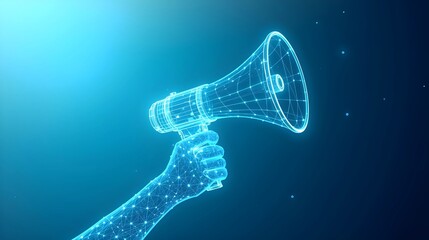 A blue, glowing digital wireframe of a hand holding a megaphone, rendered with interconnected dots and lines on a dark blue gradient background.