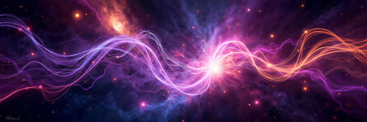Abstract cosmic energy waves artwork in futuristic digital style in vibrant purple and blue colors representing space technology and data flow