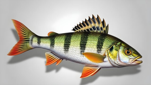 Highly detailed illustration of a vibrant European perch fish swimming isolated