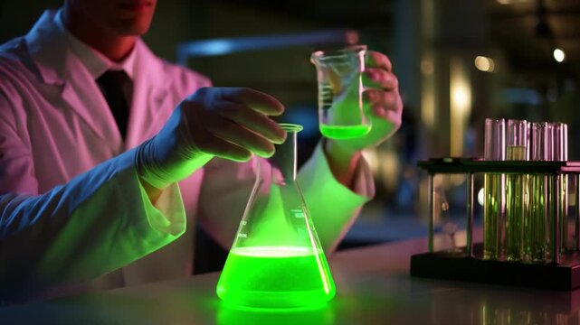 A scientist in a lab coat conducts an experiment, carefully pouring a vibrant green liquid from one flask to another, demonstrating the art of chemical mixing and observation under controlled