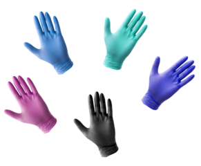 assortment of vibrant disposable nitrile gloves in various colors: blue, teal, purple, pink, and black, arranged in a dynamic pattern on a transparent background, studio photography.