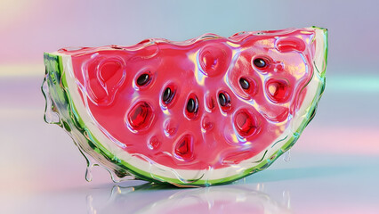 Slice of watermelon with liquid glass texture and melting syrup details in vibrant neon colors