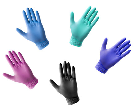 assortment of vibrant disposable nitrile gloves in various colors: blue, teal, purple, pink, and black, arranged in a dynamic pattern on a transparent background, studio photography.