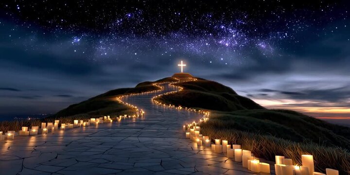 A winding road, strewn with candles along the sides, against a starry sky, leads to a hill with a shining cross&mdash;an image of the path to resurrection and spiritual rebirth. Golgotha ​​with a cross.