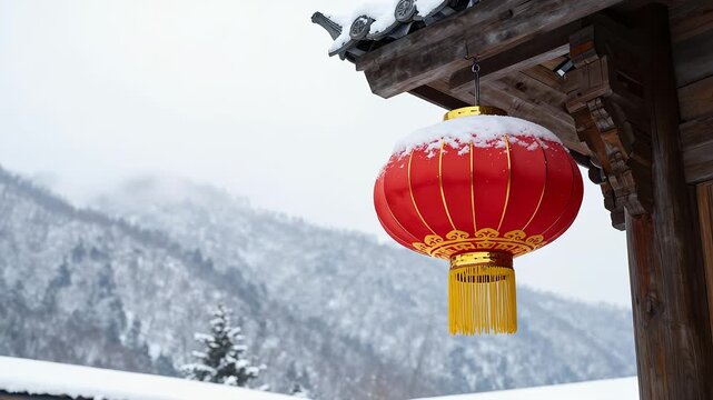 Red Chinese lantern hanging under snowy eaves with mountain background