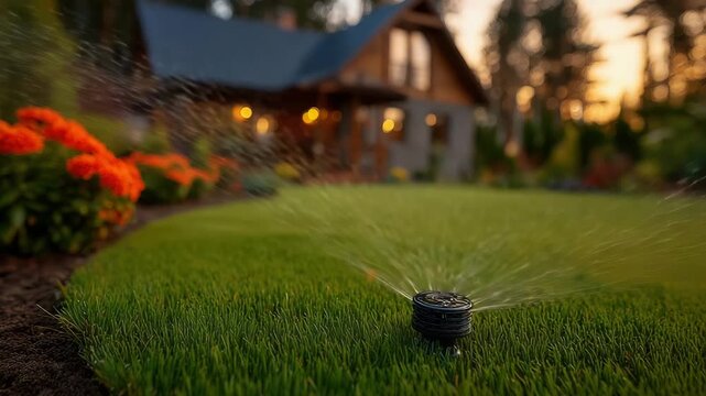 Lawn sprinkler watering green grass in residential garden at sunset