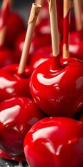 Candy apples with a glossy red sheen, tempting sweet treat for Halloween,   confectionery,   glossy