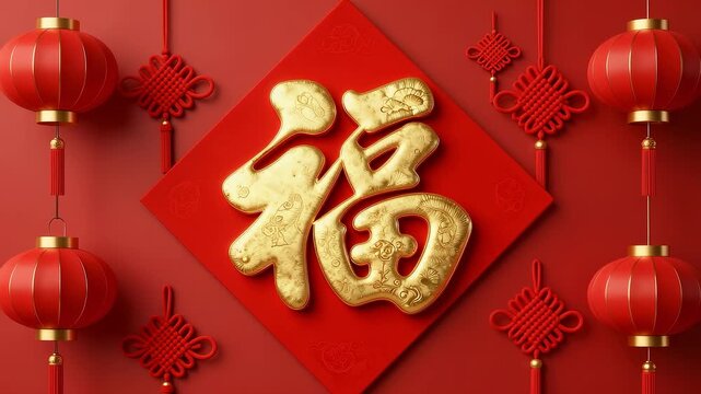 Golden Fu character with red lanterns and Chinese knots decoration