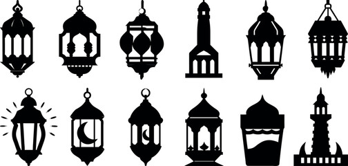 Fototapeta premium Islamic Lantern Fanous Icons Set for Ramadan Black Silhouette on White Background