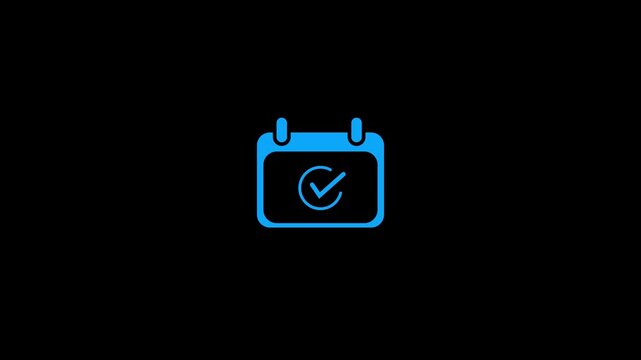 Abstract blue calendar icon with a checkmark icon inside on black background. Animated of date schedule concept looped animation.