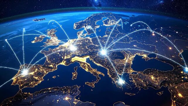 Europe at night from space, showing city lights and global communication network.