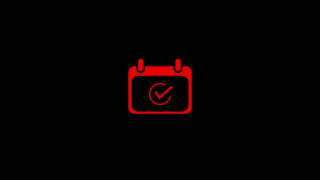 Abstract red calendar icon with a checkmark icon inside on black background. Animated of date schedule concept looped animation.