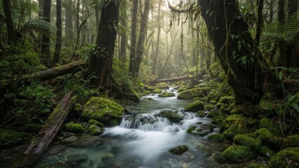 Obraz premium Ancient woodland river winding through a vibrant, moss-covered forest, bathed in a soft, ethereal light, creating a serene and timeless natural landscape