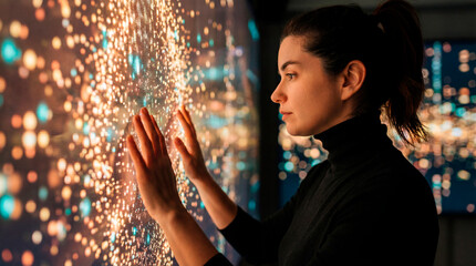 Woman touching luminous digital data surface with both hands