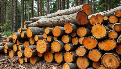 Rough, freshly cut timber logs with bark piled in a forest clearing, showcasing natural wood texture and ready for industrial processing,  resource,  natural