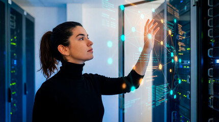 Woman interacting with digital network interface in server room
