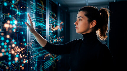 Woman interacting with digital data interface in server room