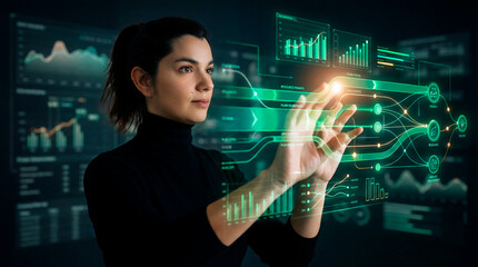 Woman analyzing interactive digital data dashboards interface