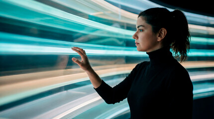 Woman interacting with flowing digital light streams