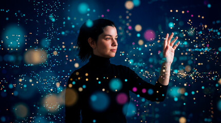 Woman interacting with abstract digital light particles environment