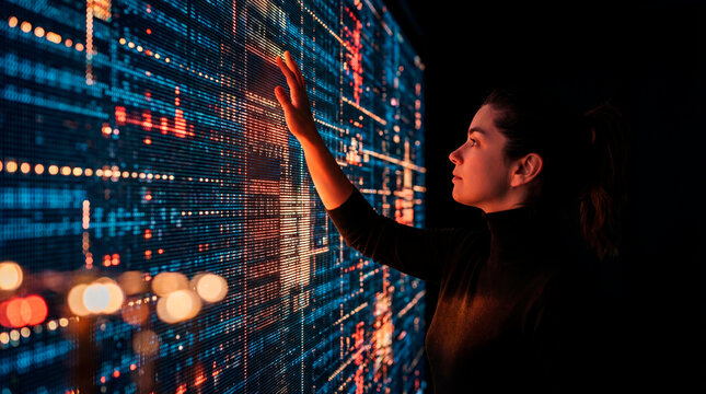 Woman reaching toward complex digital data wall interface - Powered by Adobe