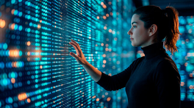 Woman touching immersive digital data interface wall