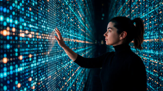 Woman interacting with immersive digital data wall