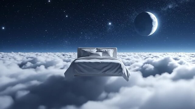 Floating Bed Above Clouds Under Moonlit Starry Sky Dream Escape.