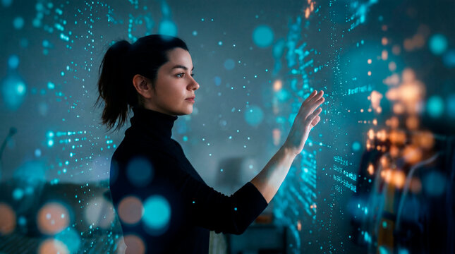 Woman interacting with abstract digital data interface projection