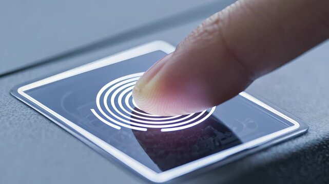 Fingerprint scanner close up with finger pressing on sensor for biometric security access and identification technology sensor