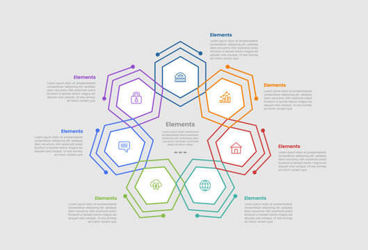7 elements infographic comparison diagram with creative hexagon shape on cycle circular with dot line style 7 step for slide presentation