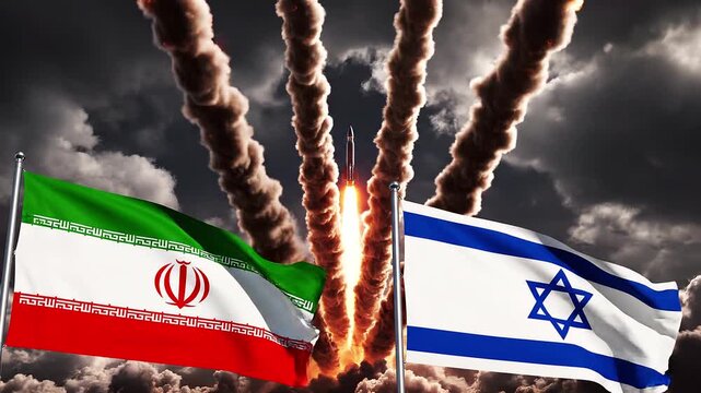 Iran and Israel flags with missile trails in dark cloudy sky.