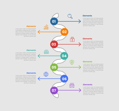 7 elements infographic comparison diagram with vertical timeline shape with arrow line pointer opposite direction with dot line style 7 step for slide presentation