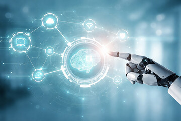 AI generated artificial intelligence network with robotic hand interacting with digital brain neural connections machine learning systems data driven intelligence and futuristic technology integration