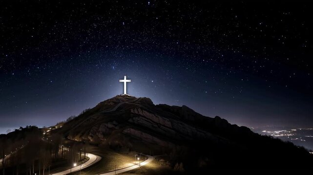 Golgotha ​​with a cross. A winding road, against the backdrop of a starry sky, leads to a hill with a shining cross&mdash;an image of the path to resurrection and spiritual rebirth.Happy Easter!