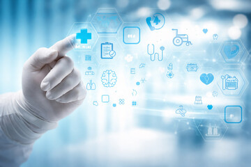 AI generated digital healthcare interface with gloved medical hand managing health data smart hospital systems clinical analytics connected services and advanced care technology