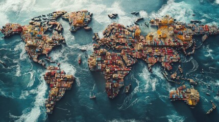 Global shipping and trade expansion aerial view of containerized goods shaping the world economy ocean environment dynamic perspective