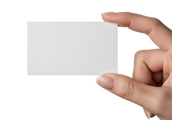 Obraz premium Hand holding blank white business card or credit card mockup isolated on transparent background
