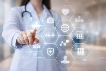 AI generated medical professional interacting with digital healthcare interface managing health data smart hospital systems clinical analytics and modern medical technology